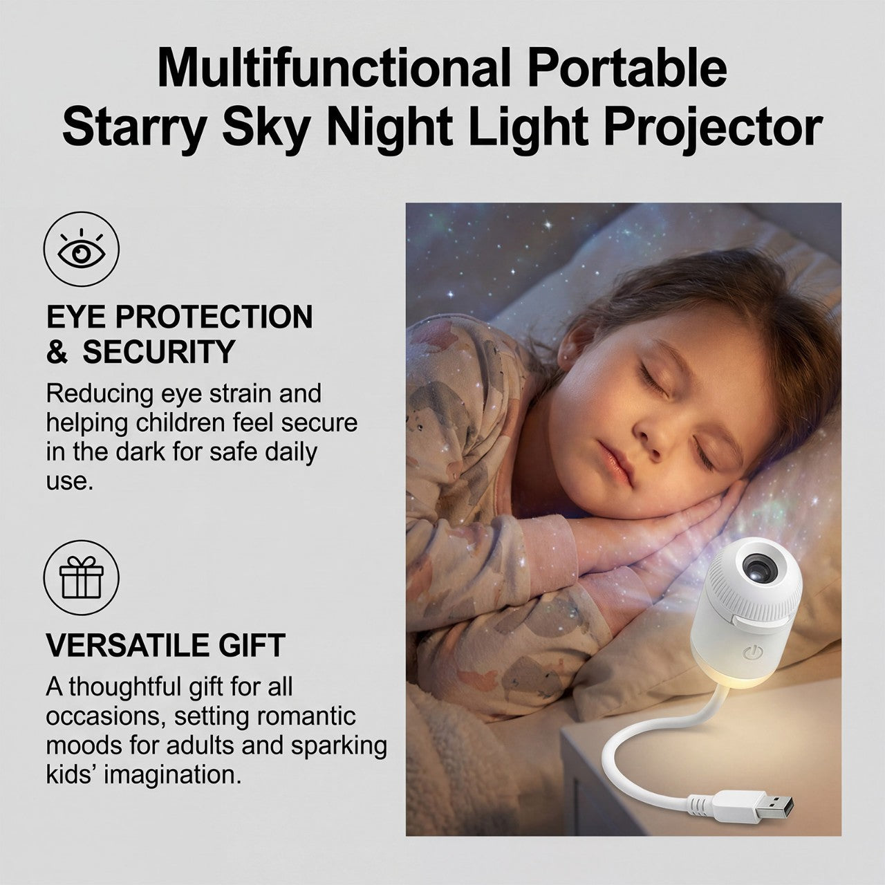 Starry sky lamp on bedside table in nursery room